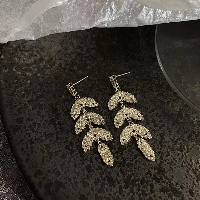 Layered Luxury Diamond Drop Leaf Earrings