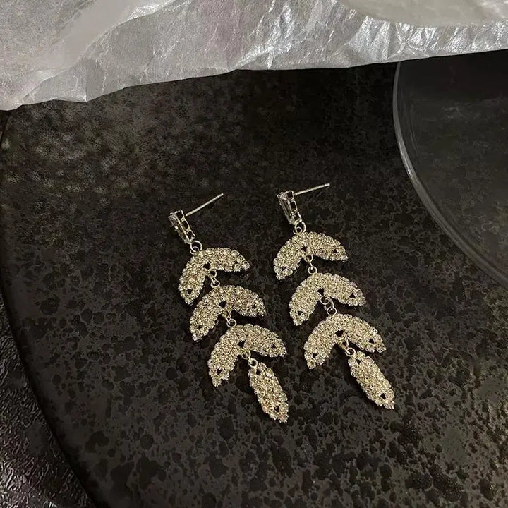 Layered Luxury Diamond Drop Leaf Earrings