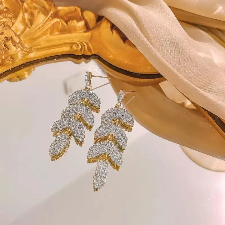 Layered Luxury Diamond Drop Leaf Earrings - Silver | Salty