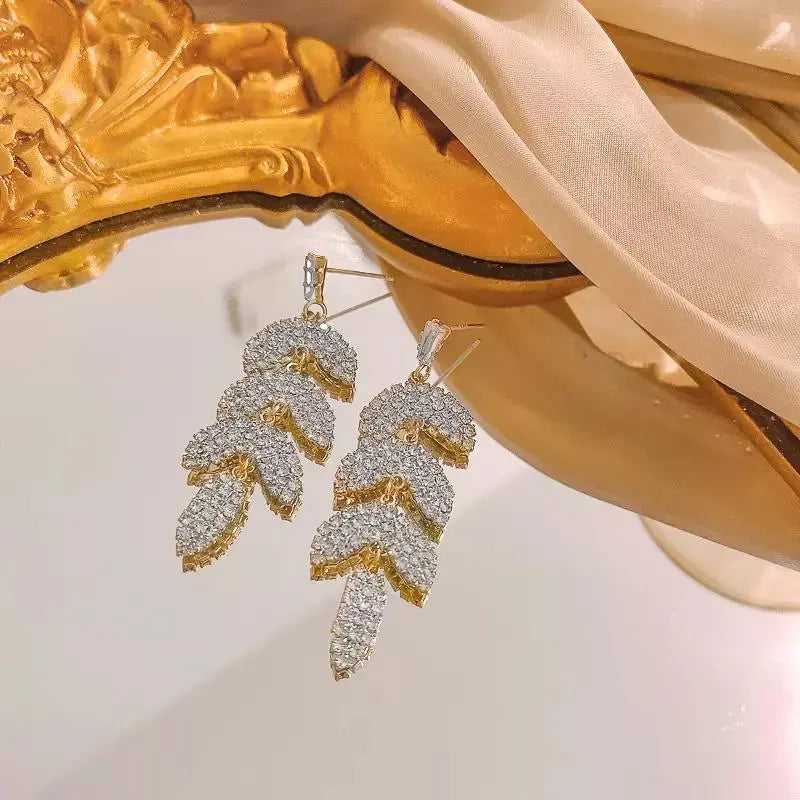 Layered Luxury Diamond Drop Leaf Earrings - Silver