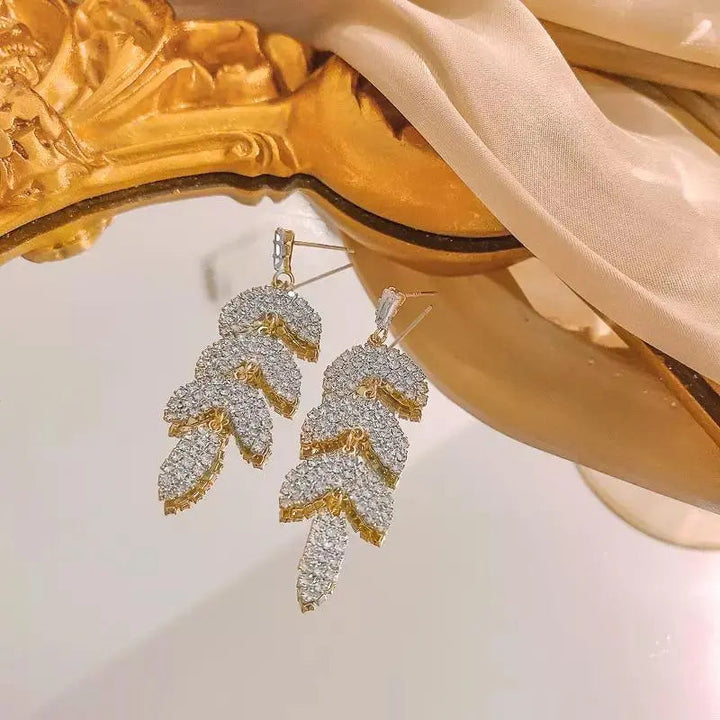 Layered Luxury Diamond Drop Leaf Earrings - Silver