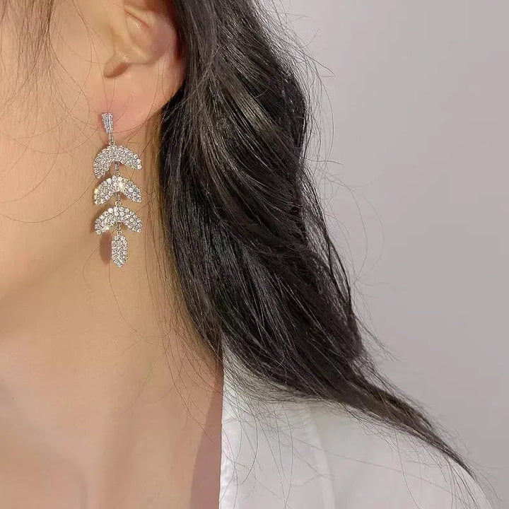 Layered Luxury Diamond Drop Leaf Earrings