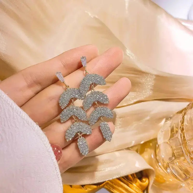 Layered Luxury Diamond Drop Leaf Earrings - Silver