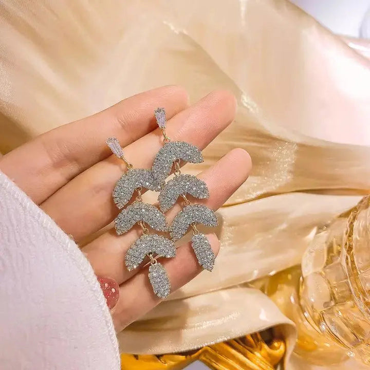 Layered Luxury Diamond Drop Leaf Earrings - Silver