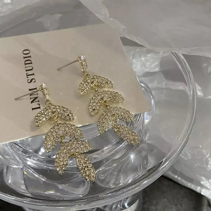 Layered Luxury Diamond Drop Leaf Earrings