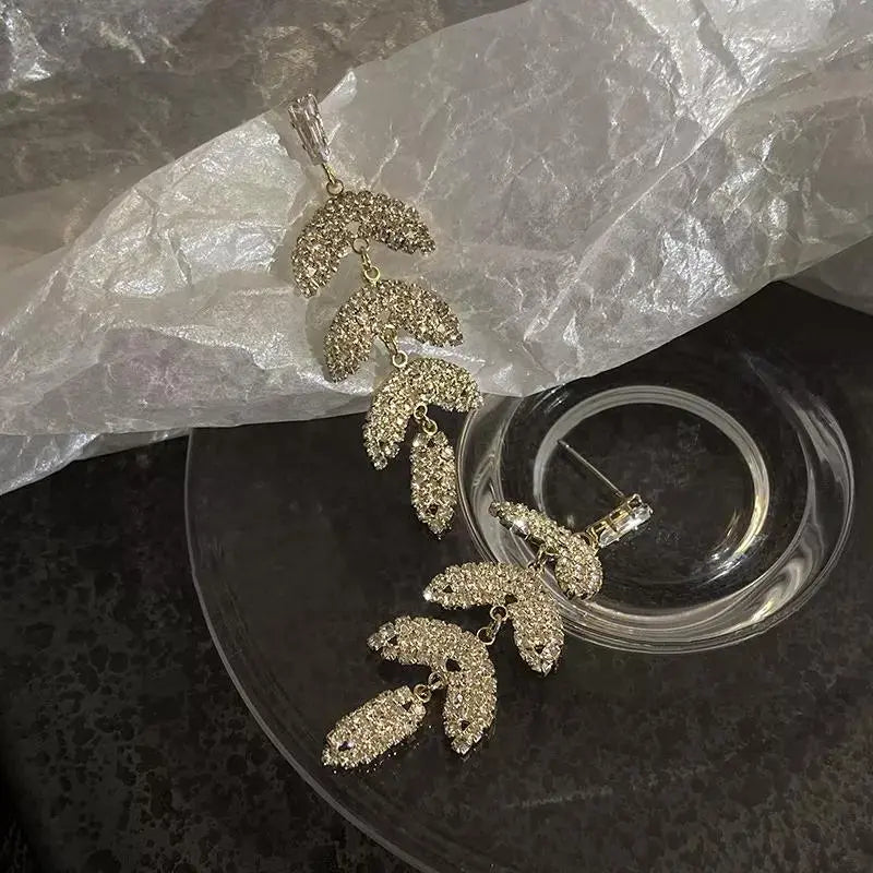Layered Luxury Diamond Drop Leaf Earrings
