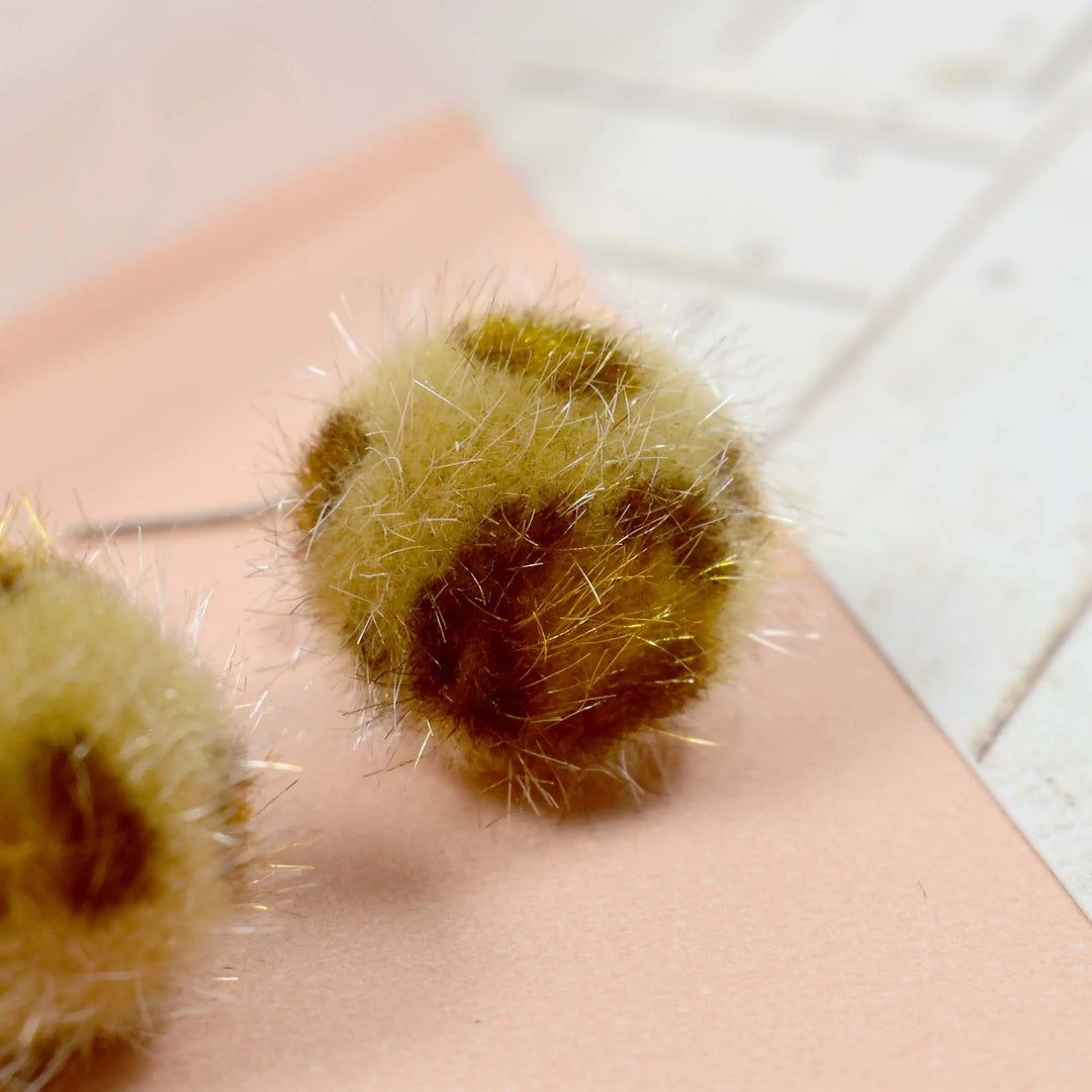 Leopard print fur ball brown bow drop earrings - Salty Accessories
