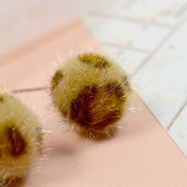 Leopard print fur ball brown bow drop earrings