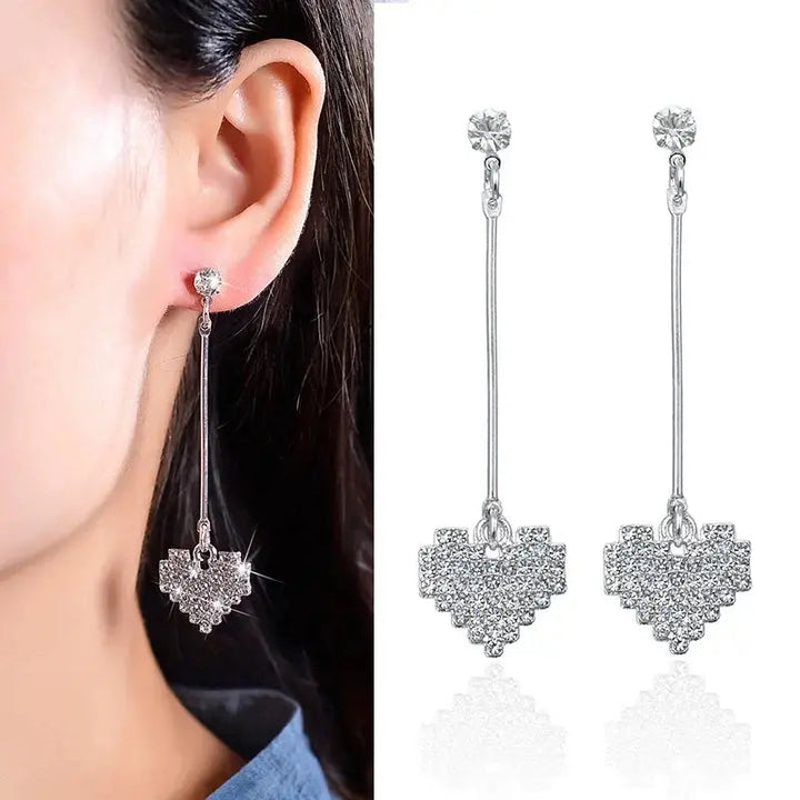 Long Drop Silver Heart Earrings