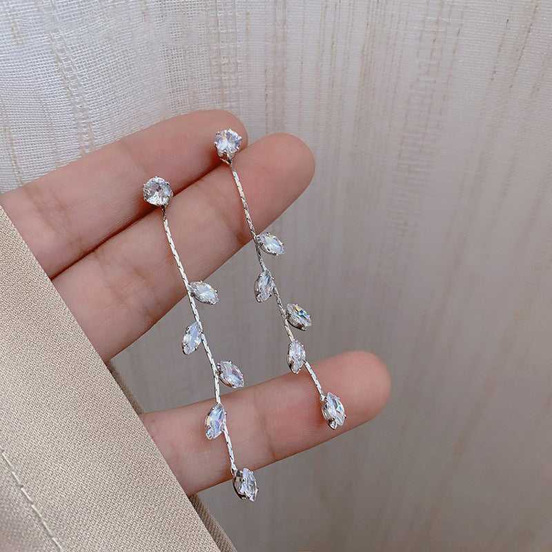 Long Crystal Zirconia Leaf Tassel Drop Earrings Silver