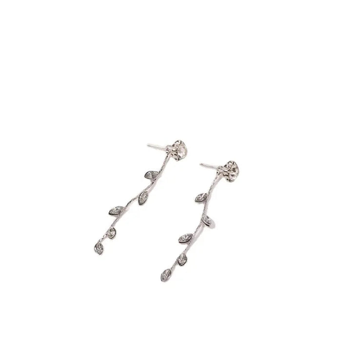 Long Crystal Zirconia Leaf Tassel Drop Earrings Silver