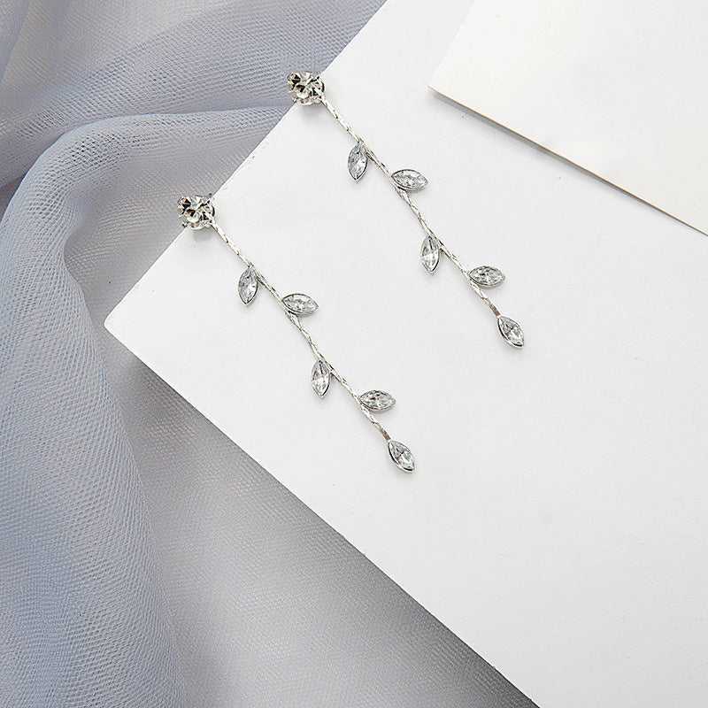 Long Crystal Zirconia Leaf Tassel Drop Earrings Silver