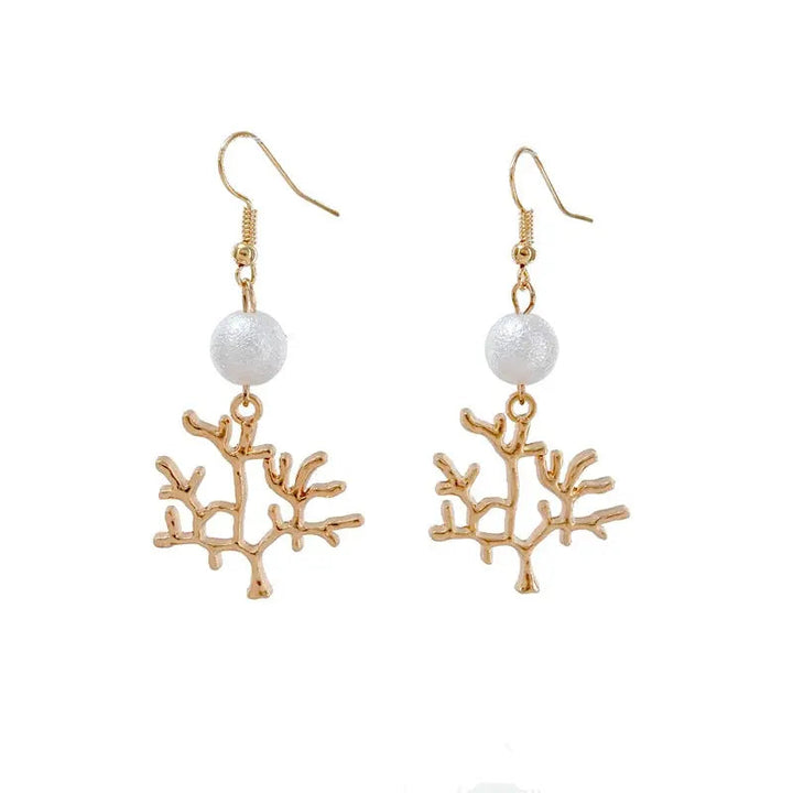Long Pearl Gold Textured Tree Drop Earrings - Salty Accessories
