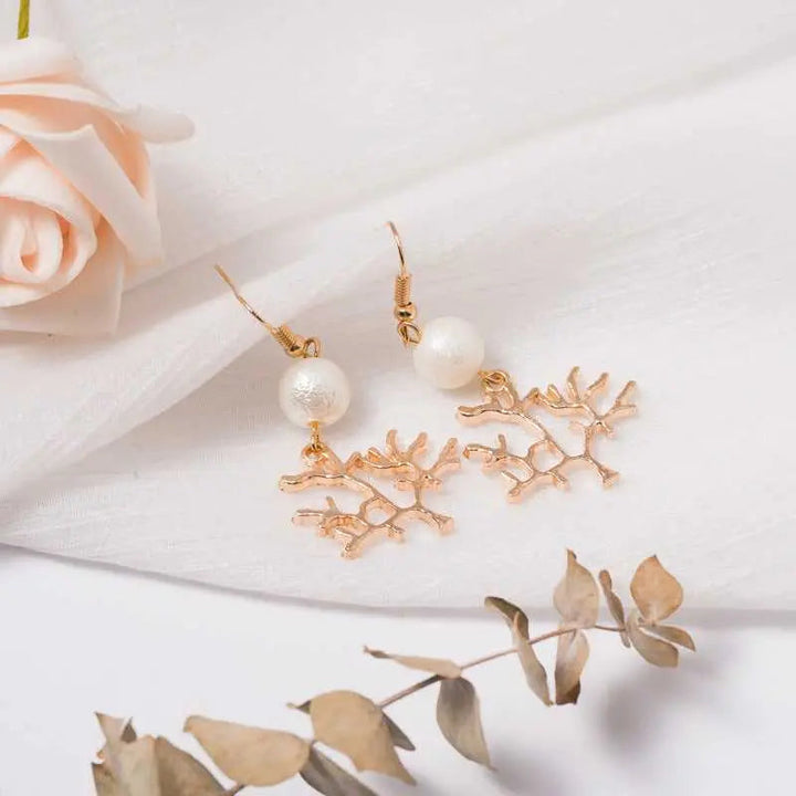 Long Pearl Gold Textured Tree Drop Earrings - Salty Accessories