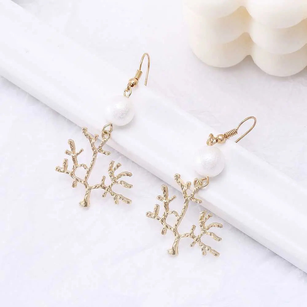 Long Pearl Gold Textured Tree Drop Earrings - Salty Accessories