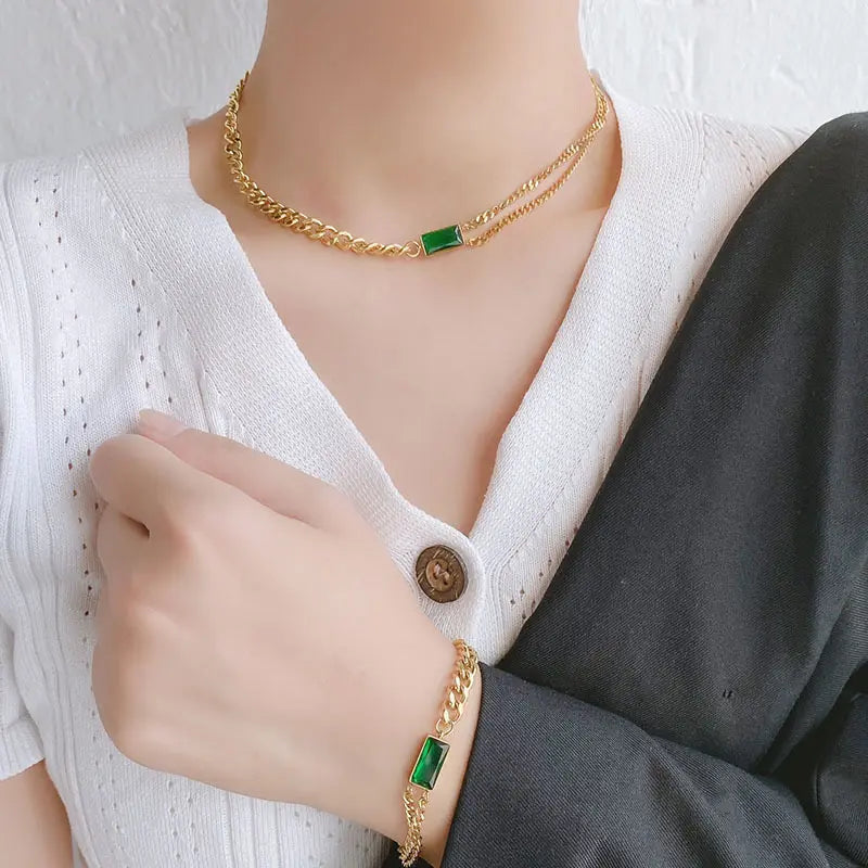 Lustrous Emerald Bracelet and Necklace Set Salty