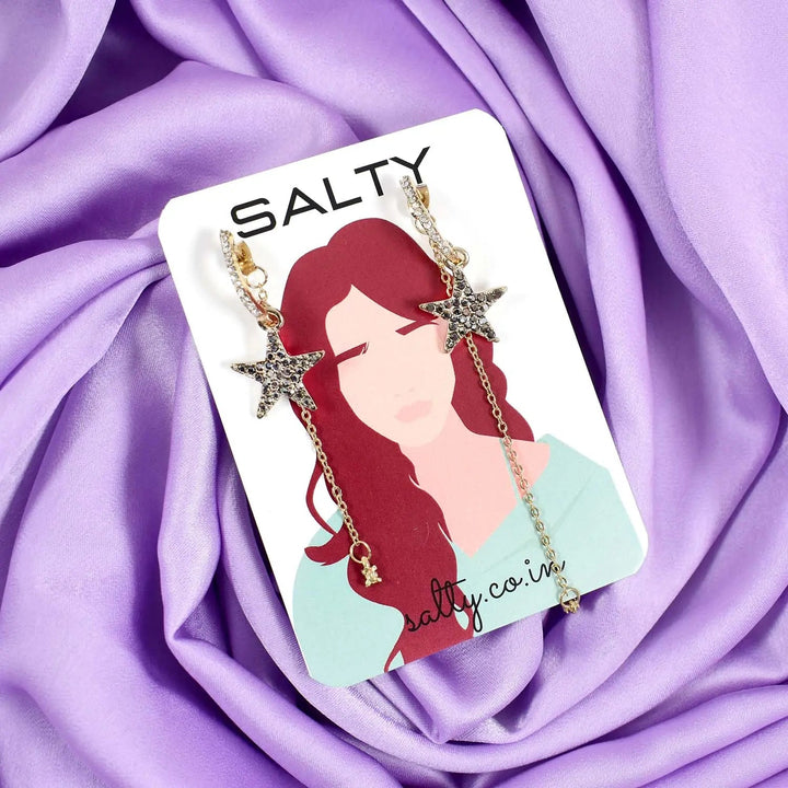 Curved Black Star Studded Tassel Earrings - Salty Accessories