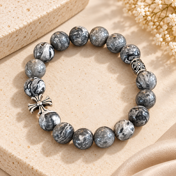 Noctis Bead Bracelet in Marbled Grey Stone