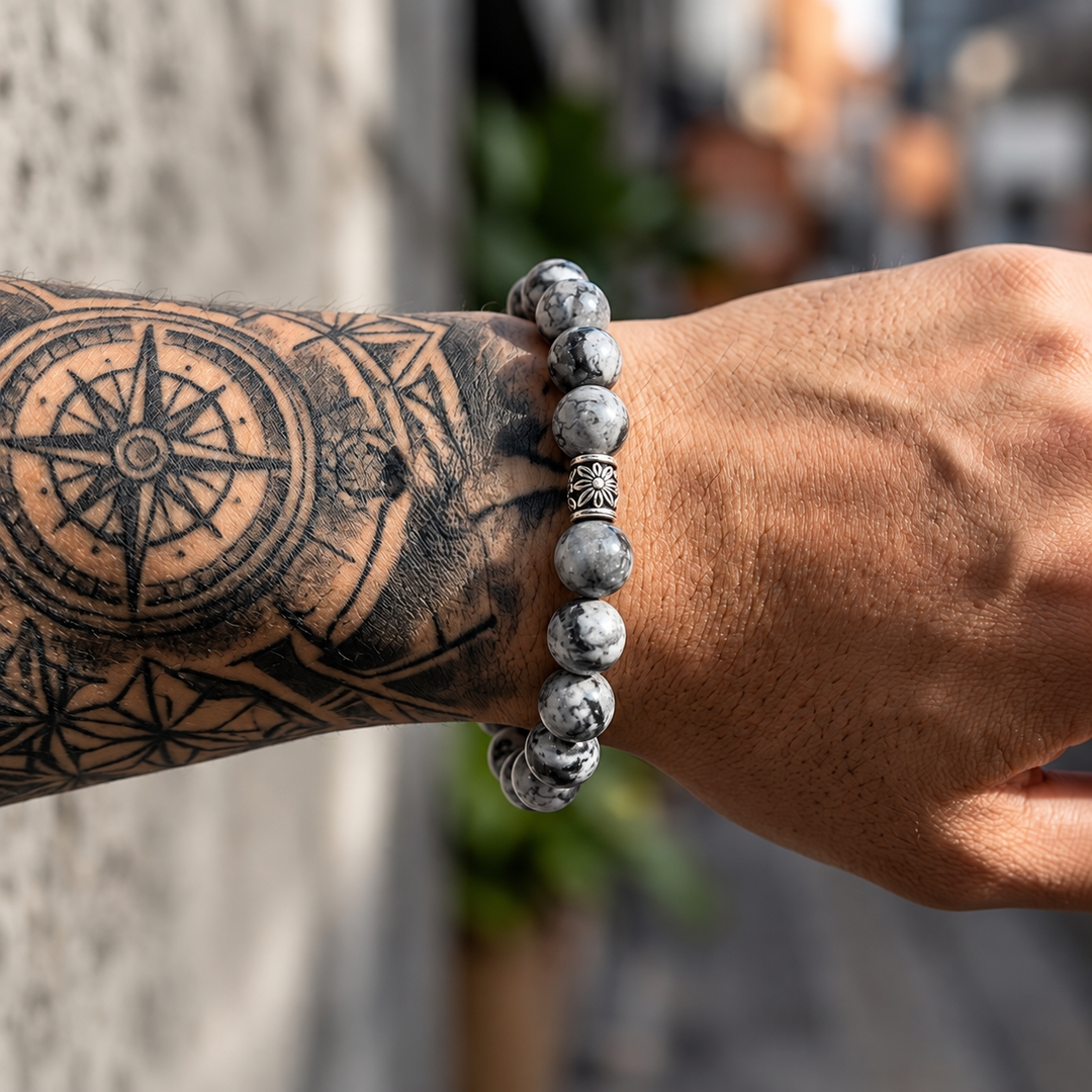 Noctis Bead Bracelet in Marbled Grey Stone