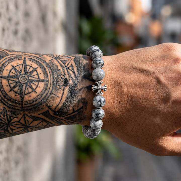 Noctis Bead Bracelet in Marbled Grey Stone