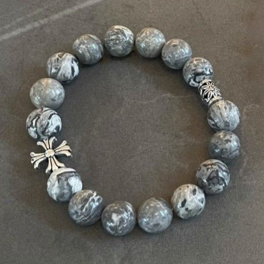 Noctis Bead Bracelet in Marbled Grey Stone