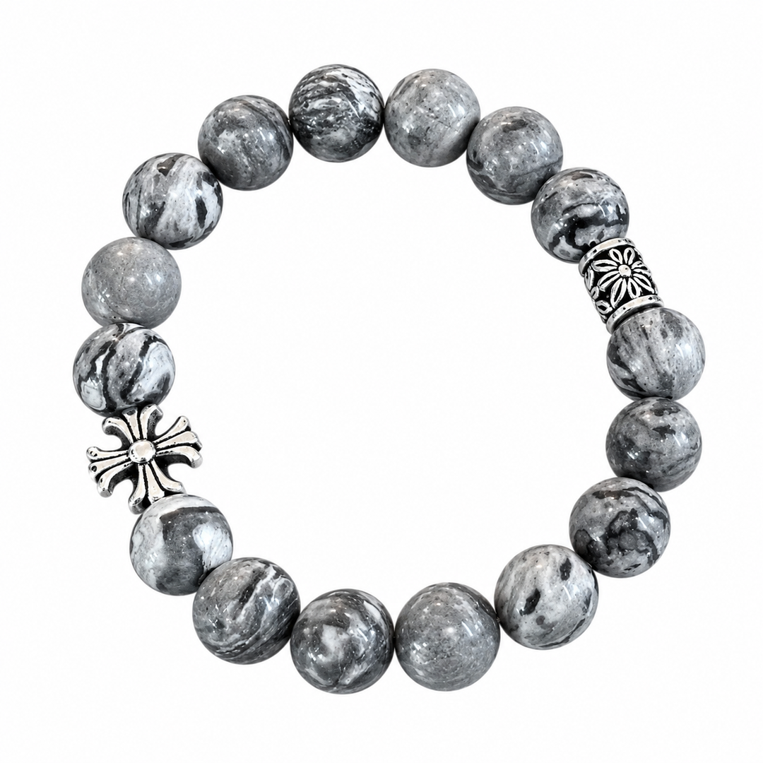 Noctis Bead Bracelet in Marbled Grey Stone