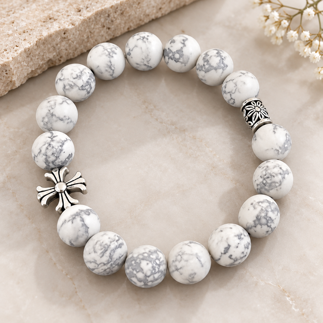 Noctis Bead Bracelet in Marbled White Stone