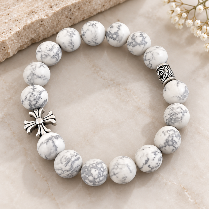 Noctis Bead Bracelet in Marbled White Stone