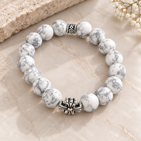 Noctis Bead Bracelet in Marbled White Stone