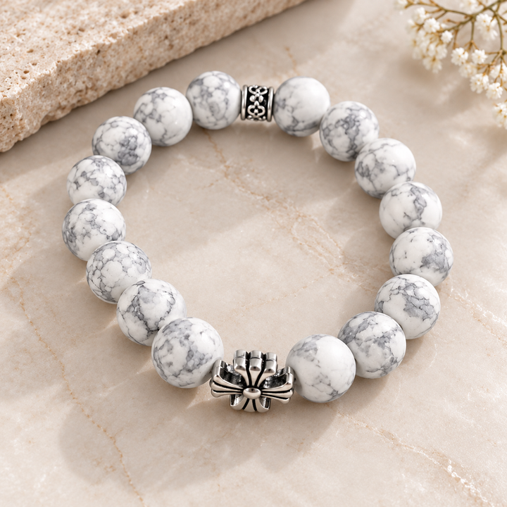 Noctis Bead Bracelet in Marbled White Stone