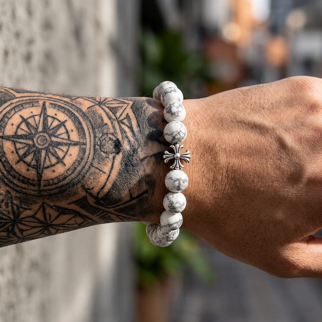 Noctis Bead Bracelet in Marbled White Stone
