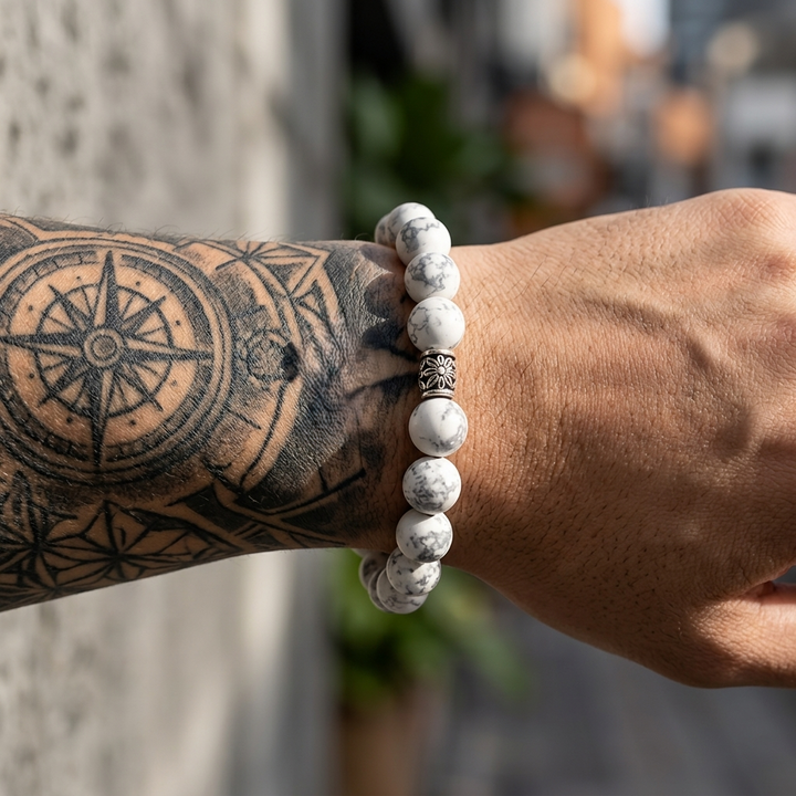 Noctis Bead Bracelet in Marbled White Stone