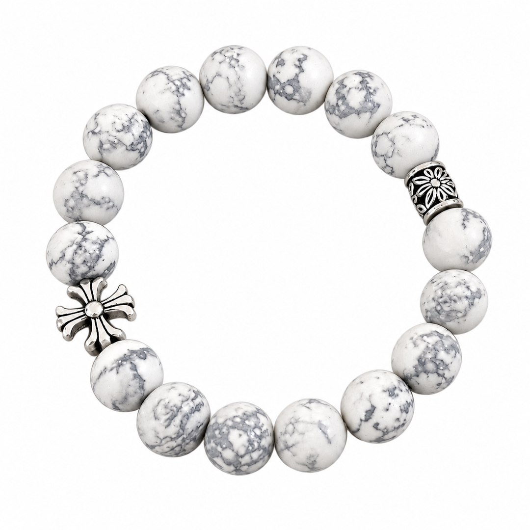 Noctis Bead Bracelet in Marbled White Stone