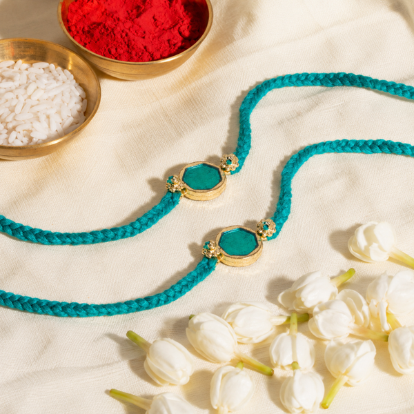 Turquoise Enamel Bandhan Rakhi For Bhaiya (Set of 2)