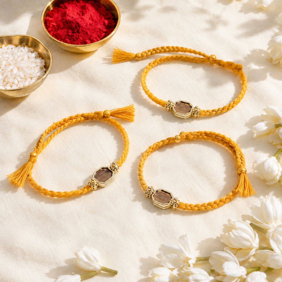 Yellow Enamel Bandhan Rakhi For Bhaiya (Set of 3)