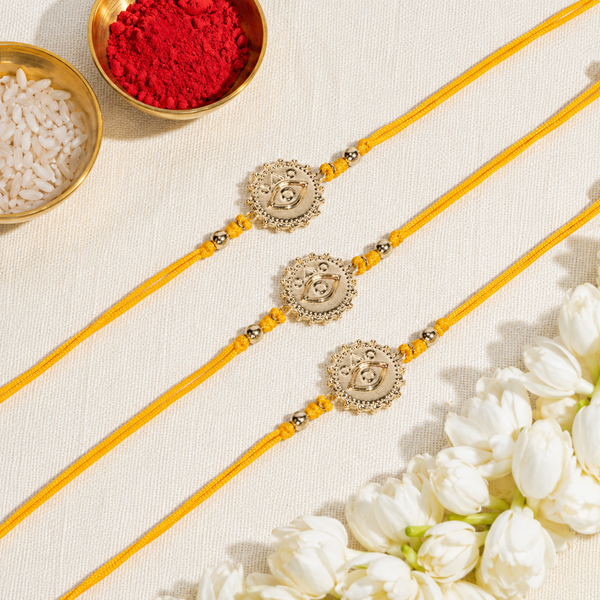 Evil Eye Nazar Yellow Bandhan Rakhi For Bhaiya (Set of 3)