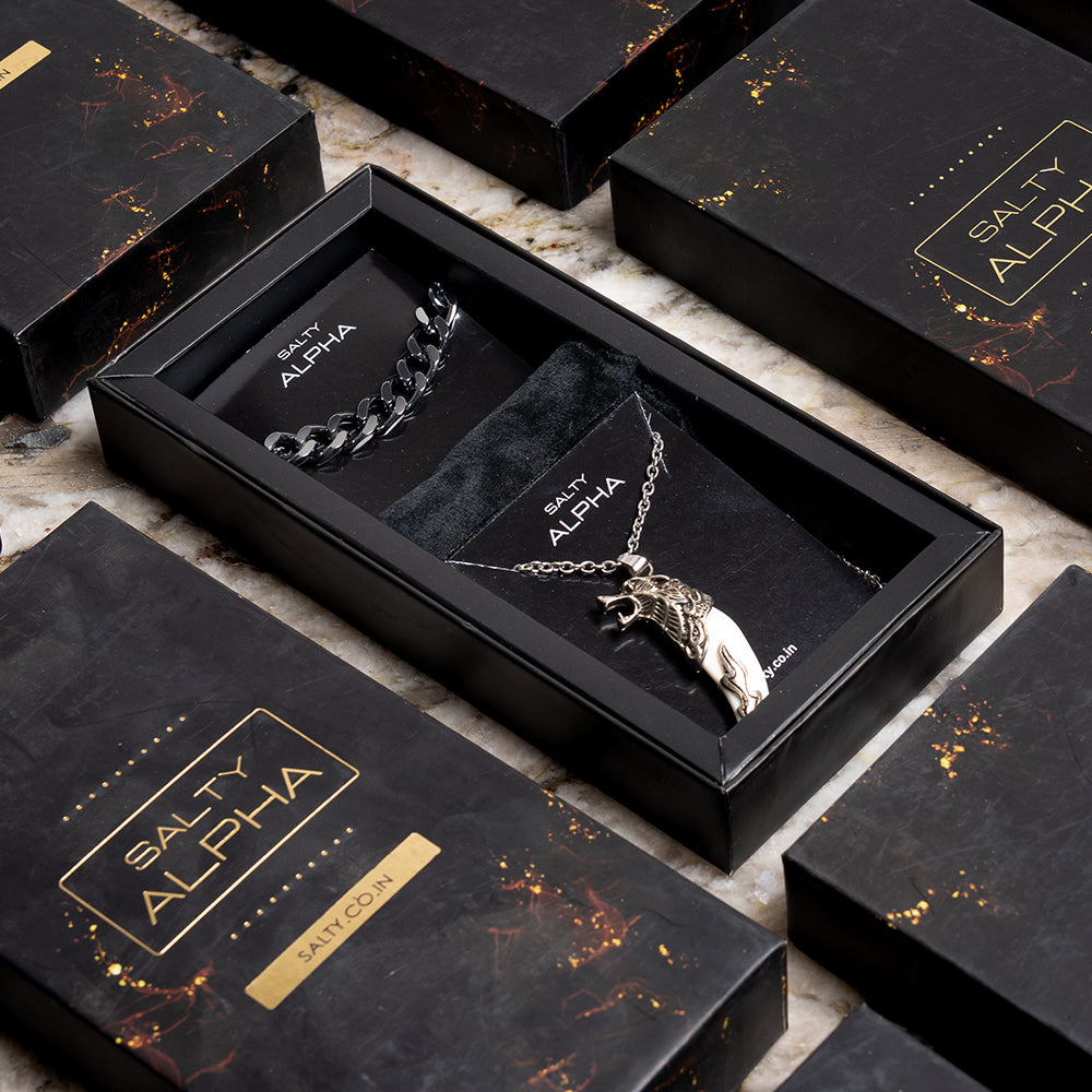 Cuban Link Bracelet with White Lion Teeth Locket Set