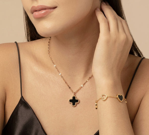 Midnight Hearts and Clover Necklace and Bracelet Combo