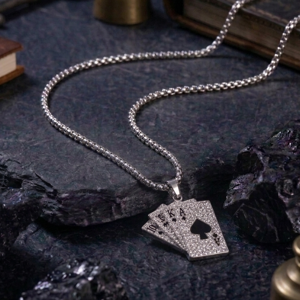 Royal Flush Pendant Necklace with Onyx Stud Earrings Set