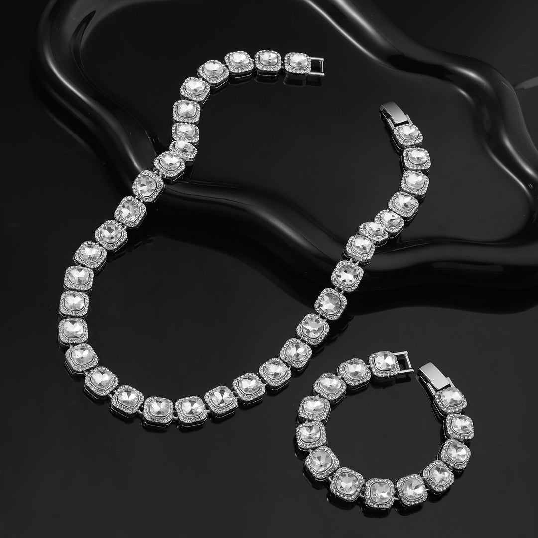 Clavicle Diamond Necklace and Bracelet Set - Silver