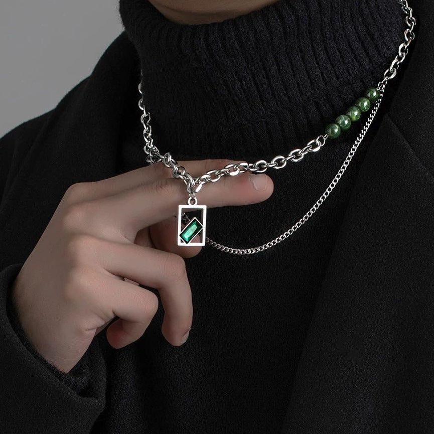 Verde Geometric Pendant Necklace with Layered Chain | Salty