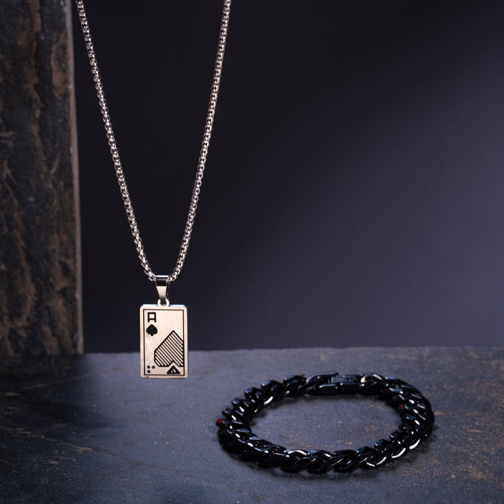 Silver Sher Mens Bracelet & Ace Chain Combo