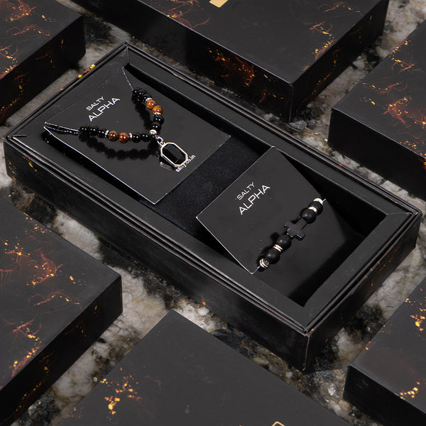 Black Magic Beads Necklace with Cross Bead Bracelet Set