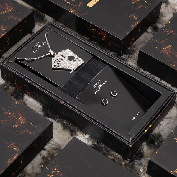 Royal Flush Pendant Necklace with Onyx Stud Earrings Set