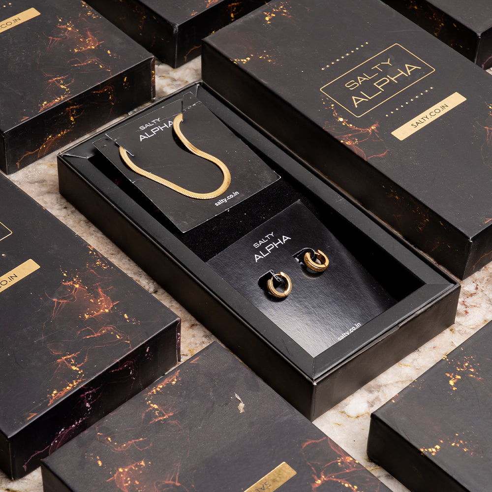 Golden Herringbone Chain with Classic Hoop Earrings Set