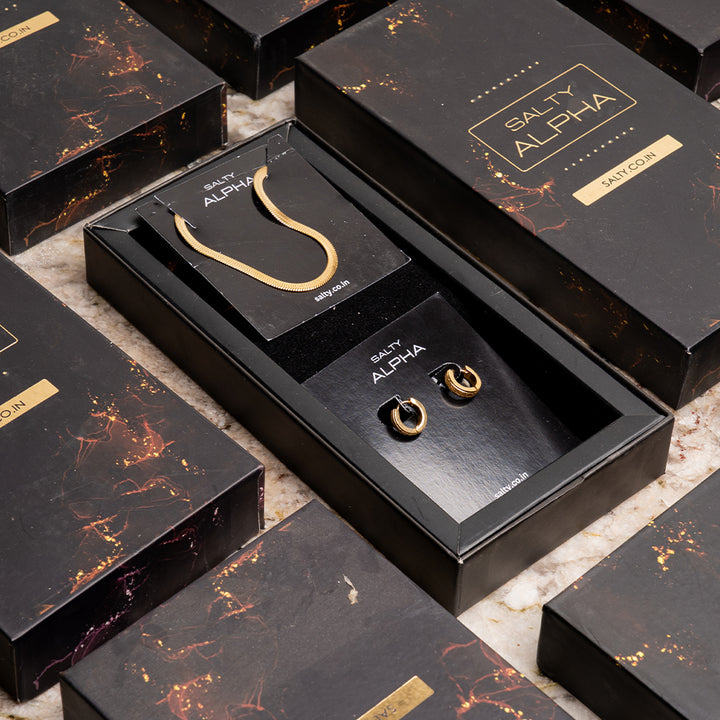 Golden Herringbone Chain with Classic Hoop Earrings Set