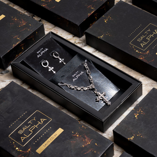Divine Cross Pendant Necklace with Crystal Cross Drop Earrings Set