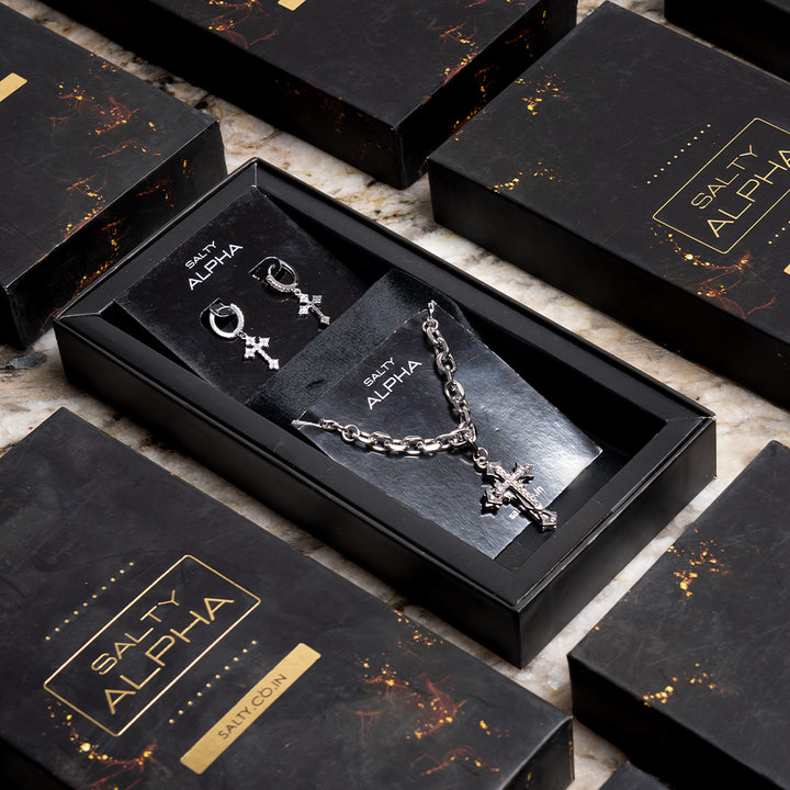 Divine Cross Pendant Necklace with Crystal Cross Drop Earrings Set