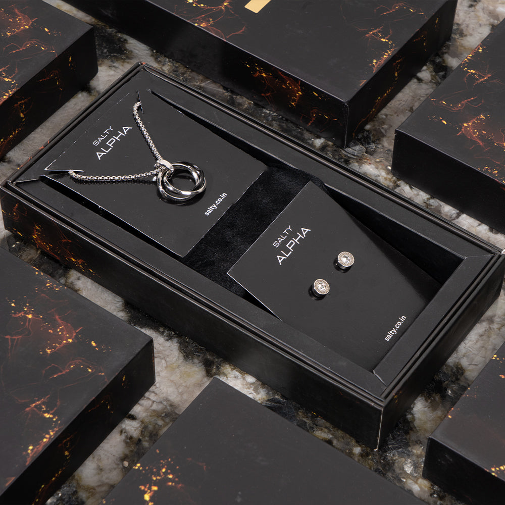 Rocky Dual Ring Pendant Chain with Gentleman's Diamond Studs Set | Salty