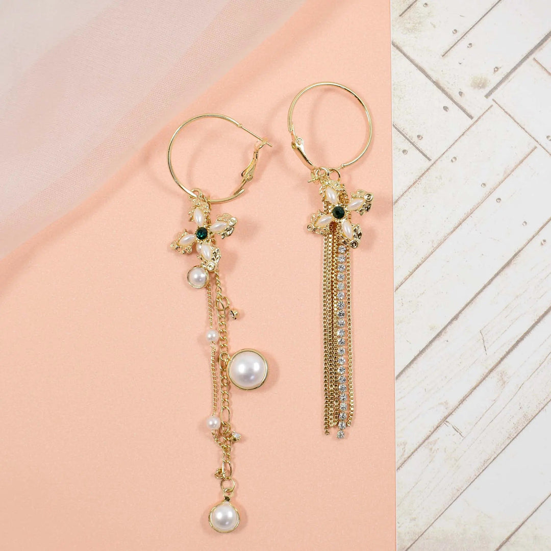 Mismatch flower charm golden pearl chain tassel earring - Salty Accessories